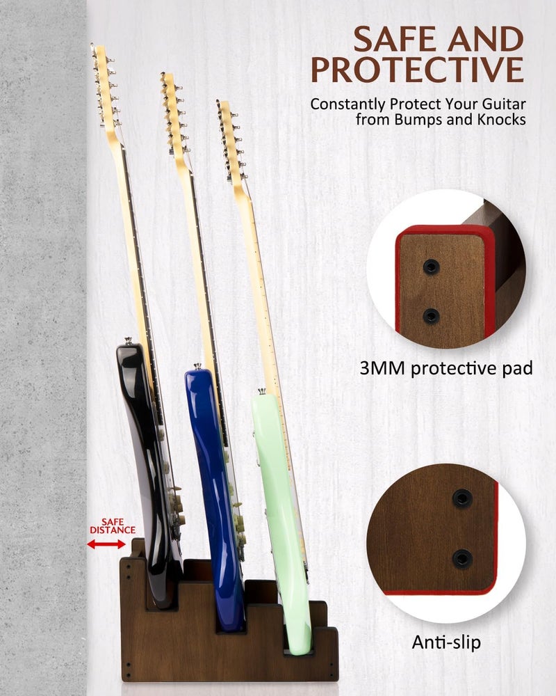 STRICH Wooden Guitar Stand for Multiple Guitars, 3-Holder, Front Display Space-Saving Floor Guitar Rack for Home, Studio, Stage, Walnut Color, L-3EW (For 3 Electric/Bass) - Image 4